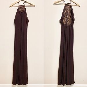 Bari Jay Brown Atzec Beaded Prom Gown